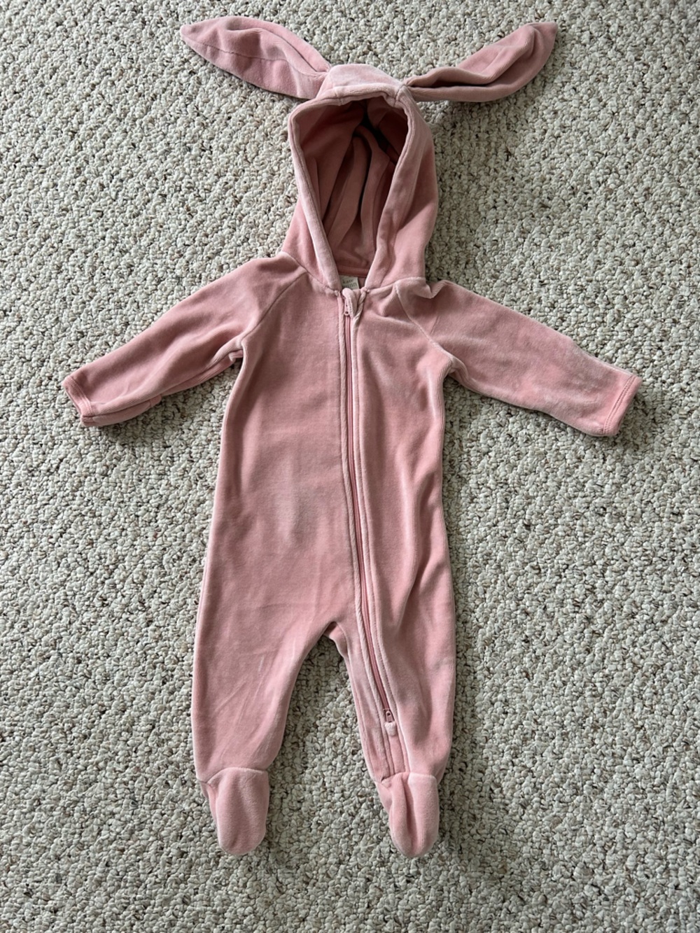 Kate Quinn full zip bunny footie with bunny ears 3-6 months pink organic cotton
